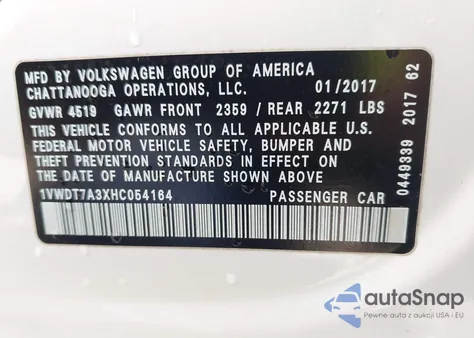 2017 Volkswagen Passat 1.8T R-Line from USA, damaged, VIN 1VWDT7A3XHC054164